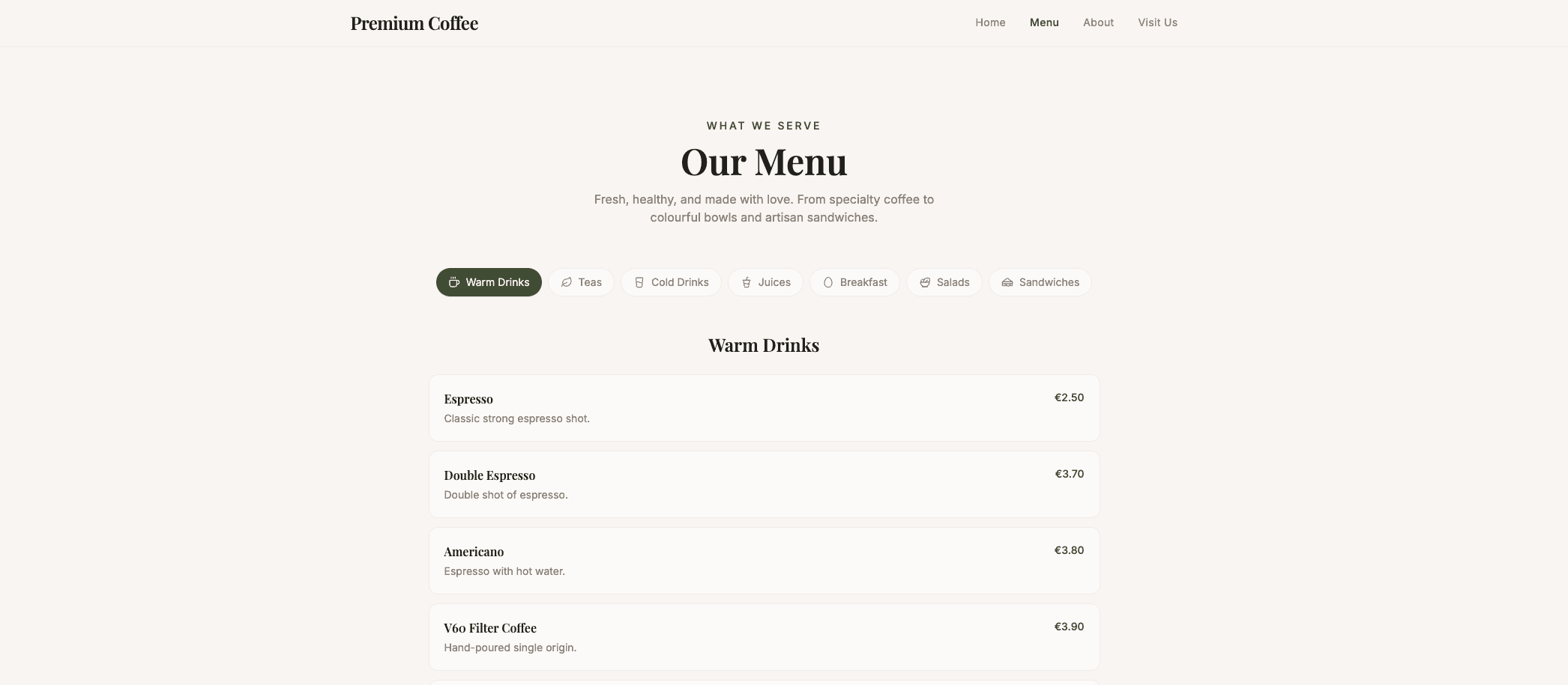 Premium Coffee — Menu-ervaring